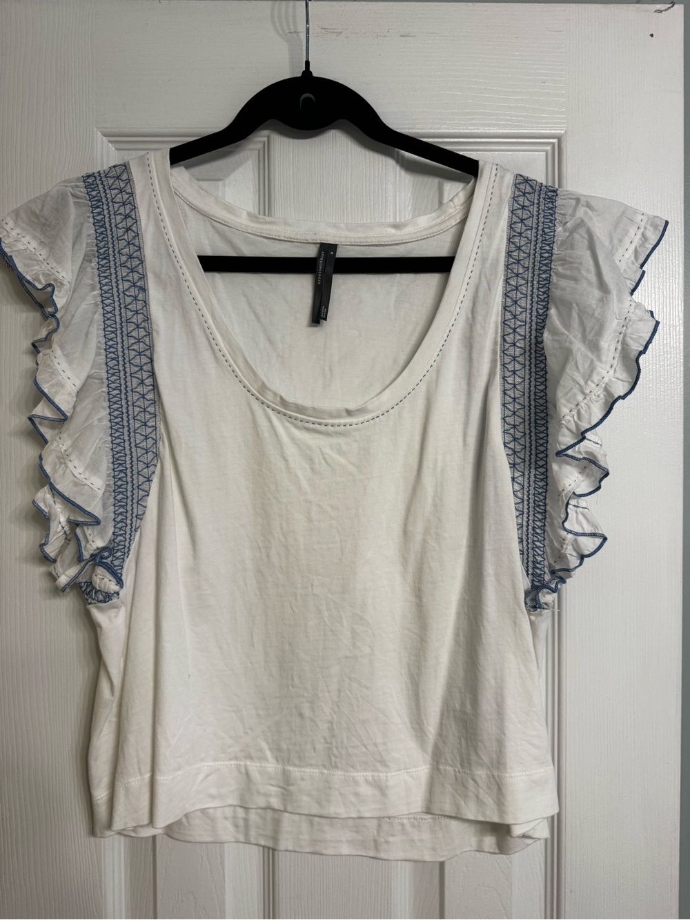 Anthropologie White Scoop Neck Tee with Blue Embroidered Ruffle Sleeves